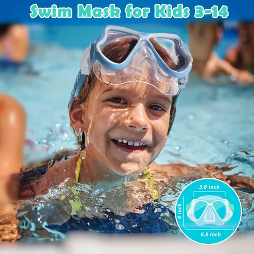 Vista 2 de Freela Paquete de 2 gafas de natación para niños y niñas de 3 a 14 años, lente de vidrio templado de 180° HD con cubierta de nariz para piscina