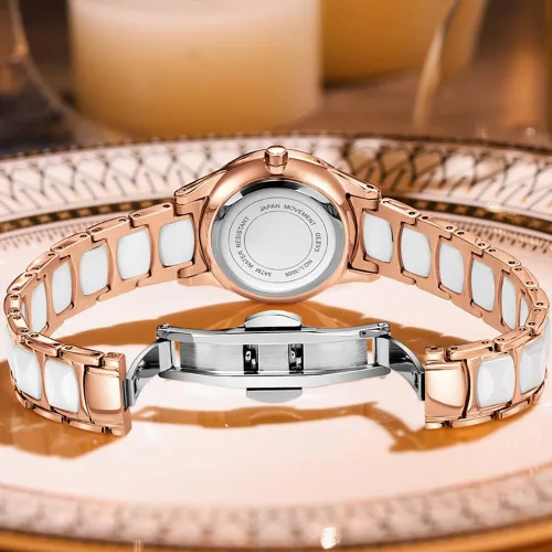 Vista 4 de OLEVS Relojes para mujer, oro rosa, de dos tonos, de moda, de cerámica, blanco, esfera rosa, roja, acero inoxidable, fecha impermeable