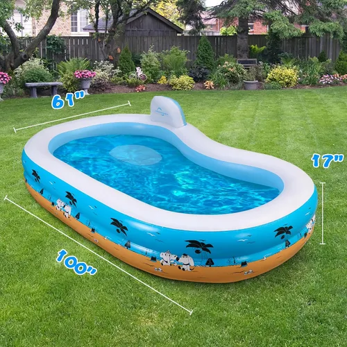 Vista 7 de Piscina inflable grande con asiento, piscina inflable para adultos, 100 x 61 x 17 pulgadas, piscina para niños con respaldo para patio trasero