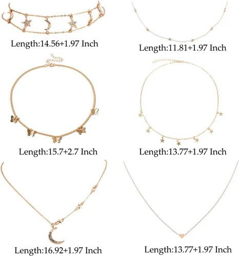 Vista 2 de 4 collares de gargantilla en capas, de oro, con dijes de mariposa, estrella, luna, corazón, linda gargantilla de cadena multicapa para mujeres
