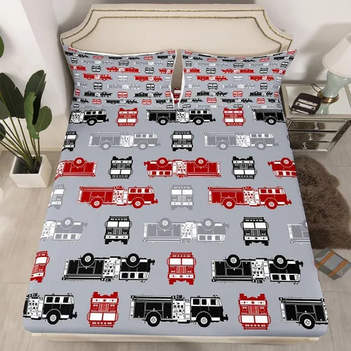 Vista 18 de Juego de sábanas bajeras ajustables para niños, diseño de caricaturas, camiones, tamaño individual, juegos de ropa de cama de excavadoras, camiones