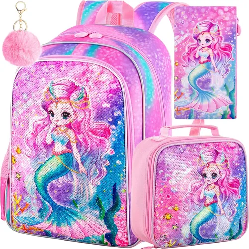 Vista 17 de KLFVB 3 mochilas de sirena de unicornio para niñas, bolsa de libros y lonchera de lentejuelas de 16 pulgadas, mochilas preescolares para primaria