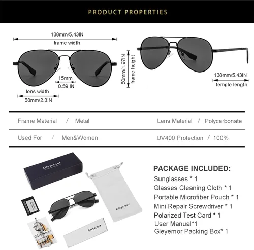 Vista 7 de Gleyemor Gafas de sol polarizadas de aviador para cara pequeña y estrecha 01 Negro / Gris