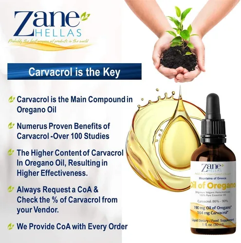 Vista 7 de Zane Hellas 190 mg de aceite de orégano-164 mg de carvacrol por porción-4 gotas diarias. Aceite de orégano 100% griego sin diluir. 86%-90% Carvacrol