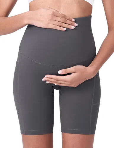 Vista 4 de POSHDIVAH - Pantalones cortos de yoga para embarazadas, cubren la barriga, pantalones deportivos cortos para correr, hacer ejercicio y el verano