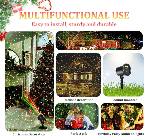 Vista 4 de Proyector de luces láser navideñas al aire libre, luces láser de estrellas estáticas rojas y verdes, luces láser para decoración navideña, proyector