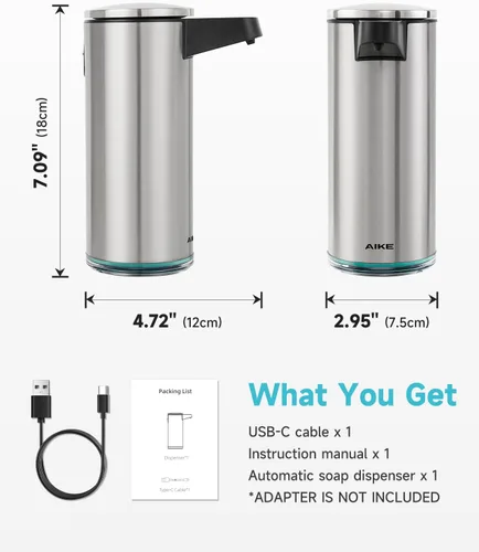 Vista 3 de Aike SensePro Dispensador Automático de Jabón Tipo-C Recargable, Acabado de Acero Inoxidable Cepillado 12.8 fl.oz. para Jabón Líquido Type-C