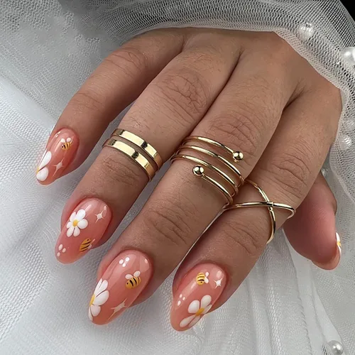 Vista 9 de Uñas postizas cortas ovaladas a presión de almendra, 24 unidades, cobertura completa, reutilizables, con pegamento, uñas adhesivas con diseños