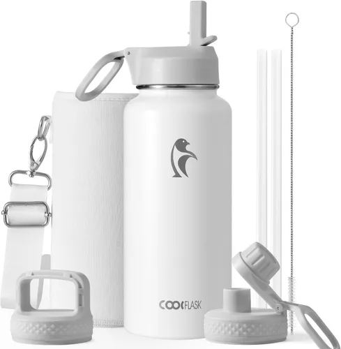 Vista 36 de Coolflask Botella de agua de 24 onzas aislada con pajilla, 3 tapas de metal de acero inoxidable, botella de agua de boca ancha para deportes u