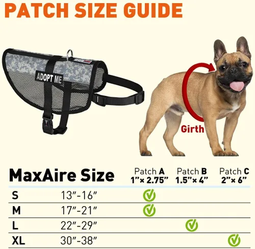 Vista 16 de Dogline MaxAire - Chaleco de malla para perros de 13 a 16 pulgadas y 2 parches extraíbles Adopt Me, talla S, color negro