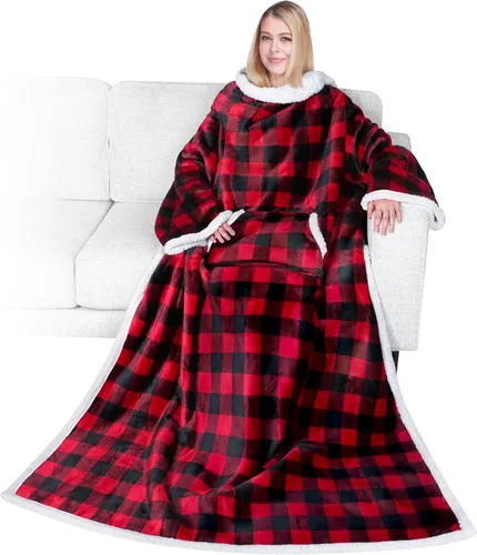 Vista 24 de PAVILIA Manta Sherpa Vestible con Mangas y Bolsillo, Manta Corporal Envolvente Gruesa de Felpa Acogedora para Adultos Mujeres Hombres, Regalo