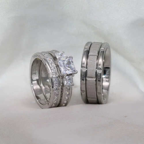 Vista 7 de Juego de anillos de boda para él y ella, anillos de promesa para parejas, conjuntos de novia para mujer, plata de ley 925, circonita cuadrada, acero