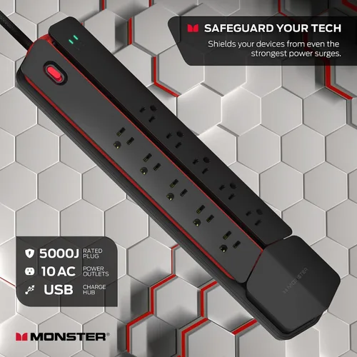 Vista 2 de Monster Power Center Vertex XL Protector de sobretensiones con regleta de alimentación desmontable, 10 salidas de CA, 2 puertos USB-A y 1 puerto