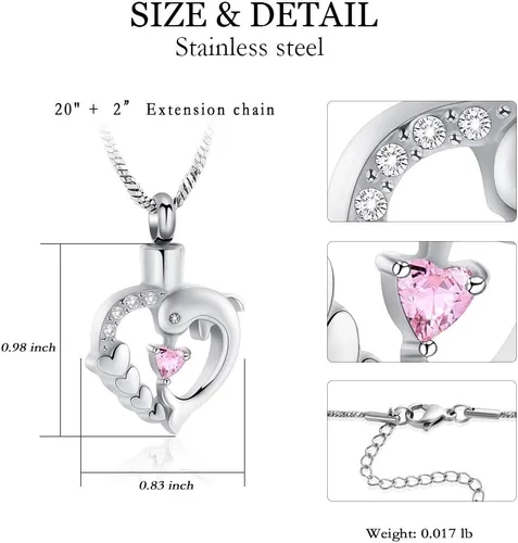 Vista 21 de Yinplsmemory Collar de urna de corazón de delfín para cenizas para mujer, colgante de urna de corazón de cristal, collar de recuerdo de cenizas