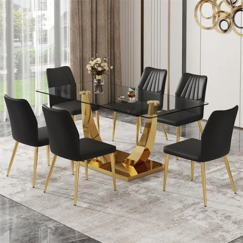 Vista 29 de Juego de mesa de comedor de cristal de 63 pulgadas para 4, mesa de comedor para 4, mesa de comedor con patas y base de acero inoxidable, sillas