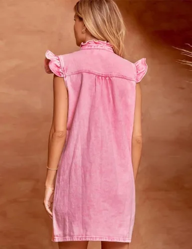 Vista 2 de happlan Vestido de mezclilla con botones y cuello de loto desgastado para mujer