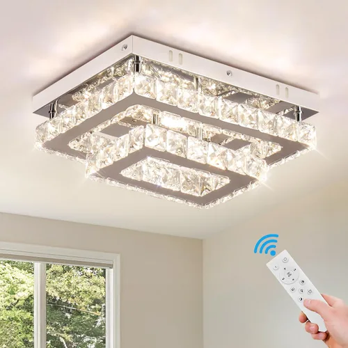 Vista 10 de Finktonglan Lámpara de Techo LED de Cristal Empotrada Moderna, Candelabro Rectangular de Cristal K9 y Acero Inoxidable, 20W Regulable con Control