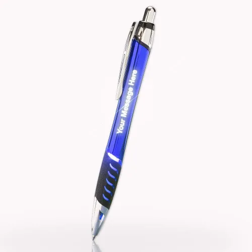 Vista 8 de Bolígrafos de metal grabados con láser personalizados con grabado iluminado y agarre en color verde. Haz clic en el bolígrafo para iluminar tu
