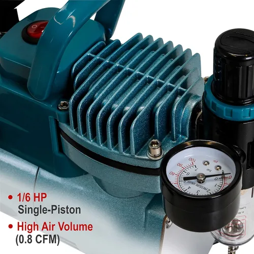 Vista 3 de Master Airbrush Kit de compresor de cepillo de aire modelo TC-40, compresor profesional de aerógrafo de un solo pistón Cool Runner con regulador