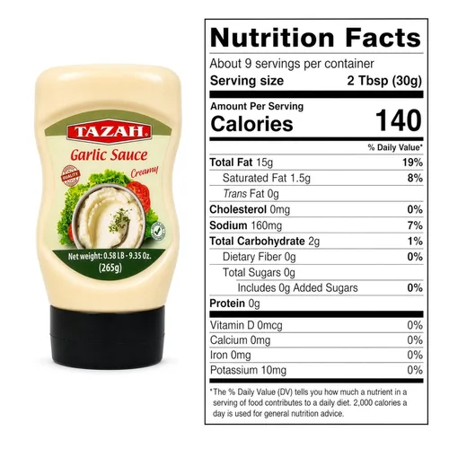 Vista 2 de TAZAH - Salsa cremosa de ajo, botella exprimible, 9.35 oz (265 g), paquete