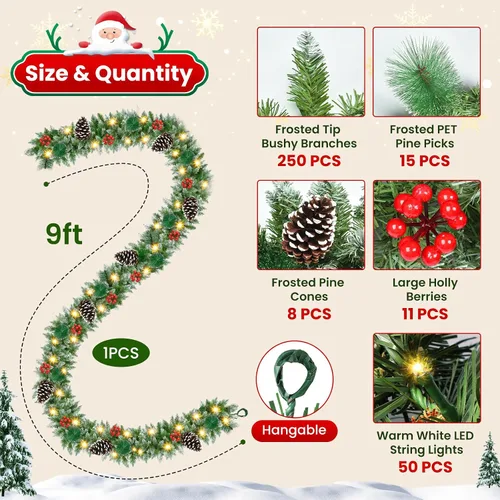 Vista 7 de Guirnalda de Navidad con luces de 9 pies, guirnalda de Navidad artificial de 250 piezas de ratán verde, decoración artificial para escaleras, pared