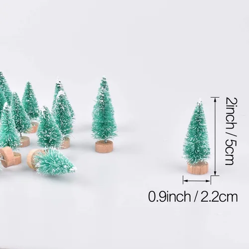 Vista 2 de 24 piezas de mini árboles artificiales de sisal de nieve con base de madera, cepillo para botella, árboles de plástico para invierno, adornos