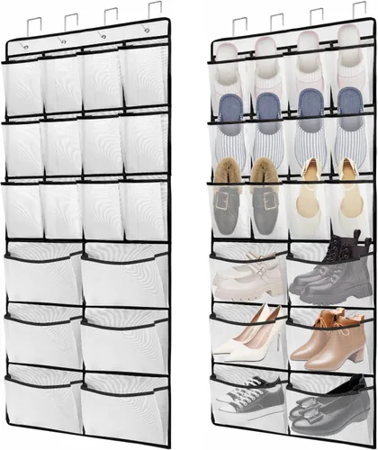 Vista 8 de Paquete de 2 organizadores de zapatos sobre la puerta, 24 bolsillos de malla extra grandes para colgar botas y zapatos, organizadores colgantes