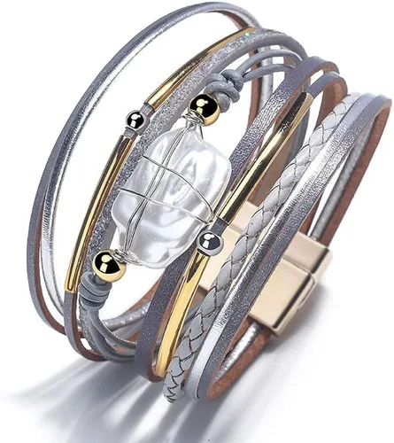 Vista 3 de Fesciory - Pulsera de piel de leopardo para mujer, pulsera de cuero multicapa, brazalete con cierre magnético, joyería