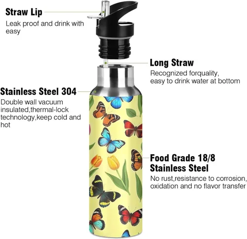 Vista 3 de Stainless Steel Vacuum Insulated Water Bottle 32 Oz, Leakproof Water Bottles for Gym Outdoor Travel School, Colorful Butterflies Tulips Yellow