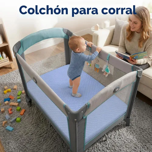 Vista 3 de Pro Goleem Colchón Pack and Play de 38 x 26 pulgadas para bebés y niños pequeños, color azul