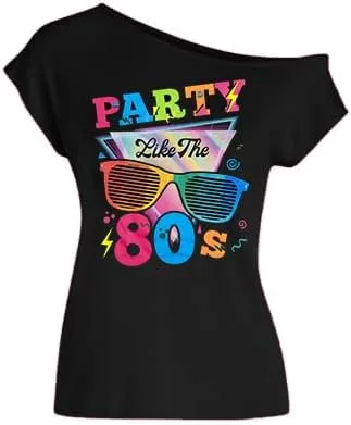 Vista 3 de Traje de los años 80 para mujer, camisetas de fiesta temática retro de los años 80, trajes de discoteca vintage de los años 80, camisetas de neón
