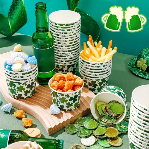 Vista 2 de Zopeal Paquete de 50 tazas de papel de 9 onzas para helado del Día de San Patricio, cuencos desechables para helado de trébol, tazas de aperitivos