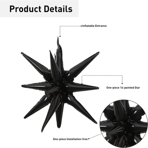 Vista 3 de 6 Globos de Papel de Aluminio con Forma de Estrella Negra de Una Pieza, Globo de Estrella de 14 Puntas 4D Cono Starburst de Mylar de 22 Pulgadas 22
