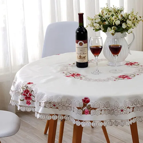 Vista 2 de LeLehome - Mantel de encaje bordado con flores cafés, color crema y beige, diseño clásico y tela que no se arruga para mesa de comedor