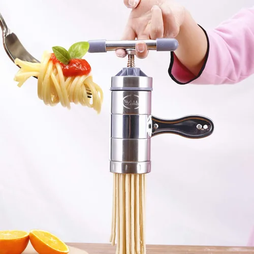 Vista 6 de Máquina de fideos manuales de acero inoxidable, máquina de prensa portátil para hacer pasta, herramientas de fabricación de espaguetis con 5 moldes