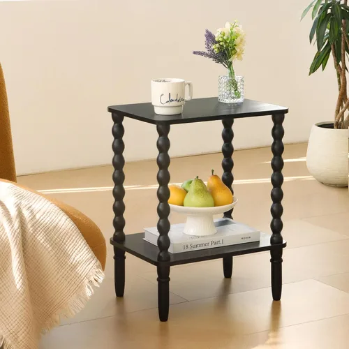 Vista 2 de Fultyle Mesa auxiliar negra, mesa auxiliar pequeña con estante de 2 niveles, mesita de noche vintage con almacenamiento para dormitorio, sala