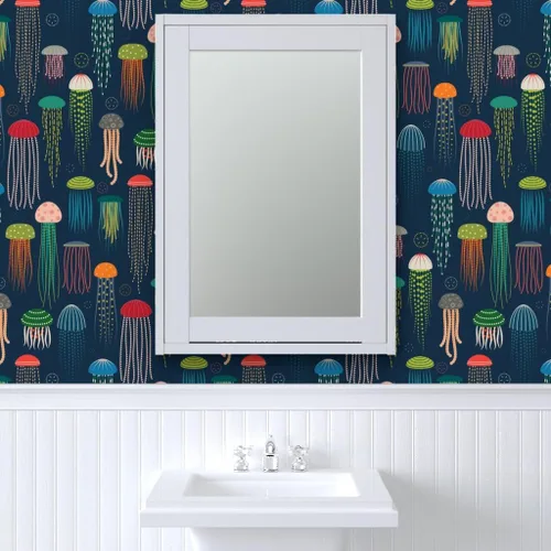 Vista 9 de Muestras de papel tapiz para despegar y pegar, medusas brillantes y modernas, animales coloridos océanos, natación, criaturas marinas, decoración