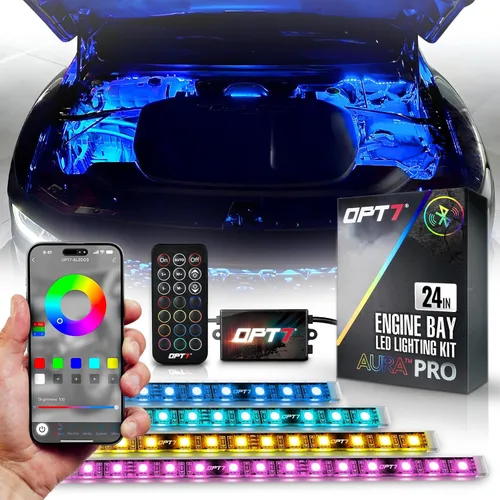 Vista 10 de OPT7 Aura Pro Luces para Compartimento del Motor con Aplicación y Control Remoto, 4 Piezas de 30 cm Tira de Luz LED Impermeable Bajo el Capó, Kit