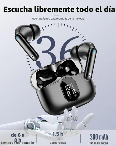 Vista 5 de Auriculares inalámbricos, auriculares Bluetooth 5.4 con graves estéreo, auriculares intrauriculares con micrófono de cancelación de ruido, pantalla