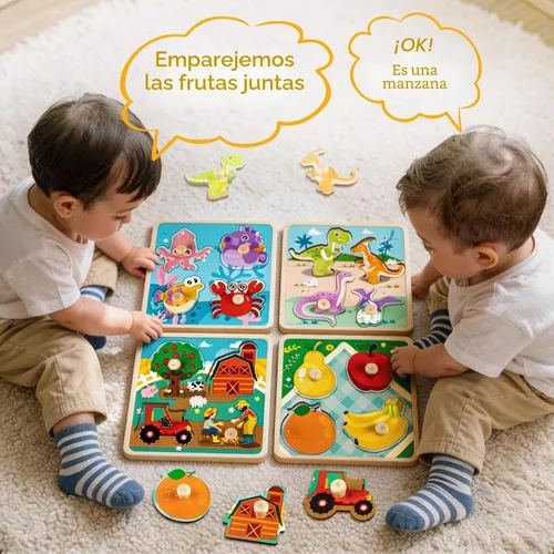 Vista 4 de Rompecabezas de madera para niños pequeños – 4 piezas de patrones de animales ecológicos con asas – Aprendizaje de habilidades motoras finas