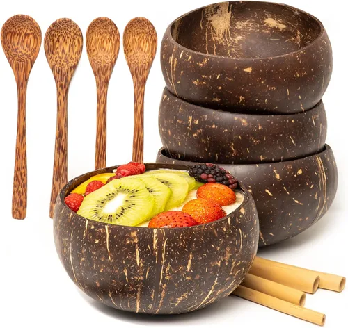 Vista 9 de Rainforest Bowls Juego de 4 pequeños cuencos originales de coco, 4 cucharas de madera y 4 popotes de bambú reutilizables, 100% naturales, tallados a