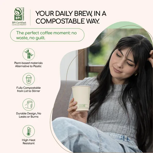 Vista 3 de Living Balance - Tazas de café compostables certificadas con tapas, 12 onzas, paquete de 100 con agitadores y mangas integradas, resistentes