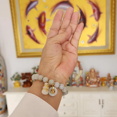 Vista 2 de Pulsera de jade para mujer, cuentas de piedras preciosas naturales con colgante, moneda, suerte y calabaza, poderosa prosperidad tailandesa éxito