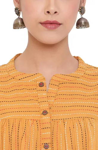 Vista 7 de Janasya Indian - Túnica de algodón tejido mostaza para mujer