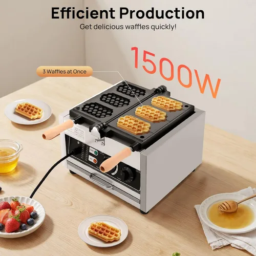 Vista 2 de Máquina eléctrica para hacer gofres, 3 rebanadas antiadherente, máquina comercial para hacer gofres, mini wafles de acero inoxidable de 110 V 1500
