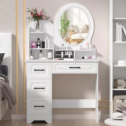 Vista 6 de Escritorio de tocador con espejo LED, 3 modos de iluminación de brillo ajustable, espejo de maquillaje con 4 cajones, tocador para dormitorio