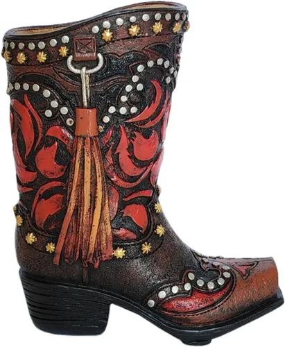 Vista 2 de Bota de vaquero occidental decorativa rústica, jarrón para decoración de oficina (rojo y negro)