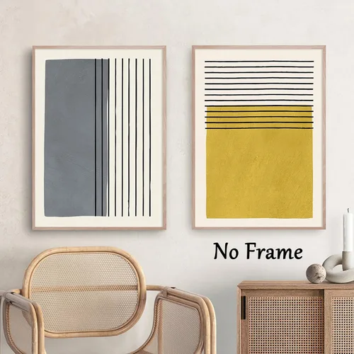 Vista 2 de Arte minimalista bohemio beige para pared, impresiones bohemias amarillas, amarillas y grises, lienzo abstracto para pared, arte moderno, póster
