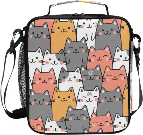Vista 24 de Lonchera con patrón de cuadros blancos y negros, bolsa de almuerzo aislada, bolsa de preparación para niños, correa de hombro congelable a001