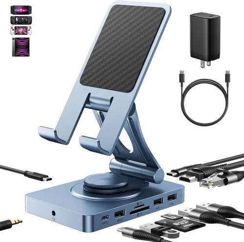 Vista 10 de Estación de acoplamiento USB C giratoria de 360° para iPad Pro, tableta, Samsung, Steam Deck, ROG Ally, Legion Go, Msi Claw, etc., 11 en 1 con Azul
